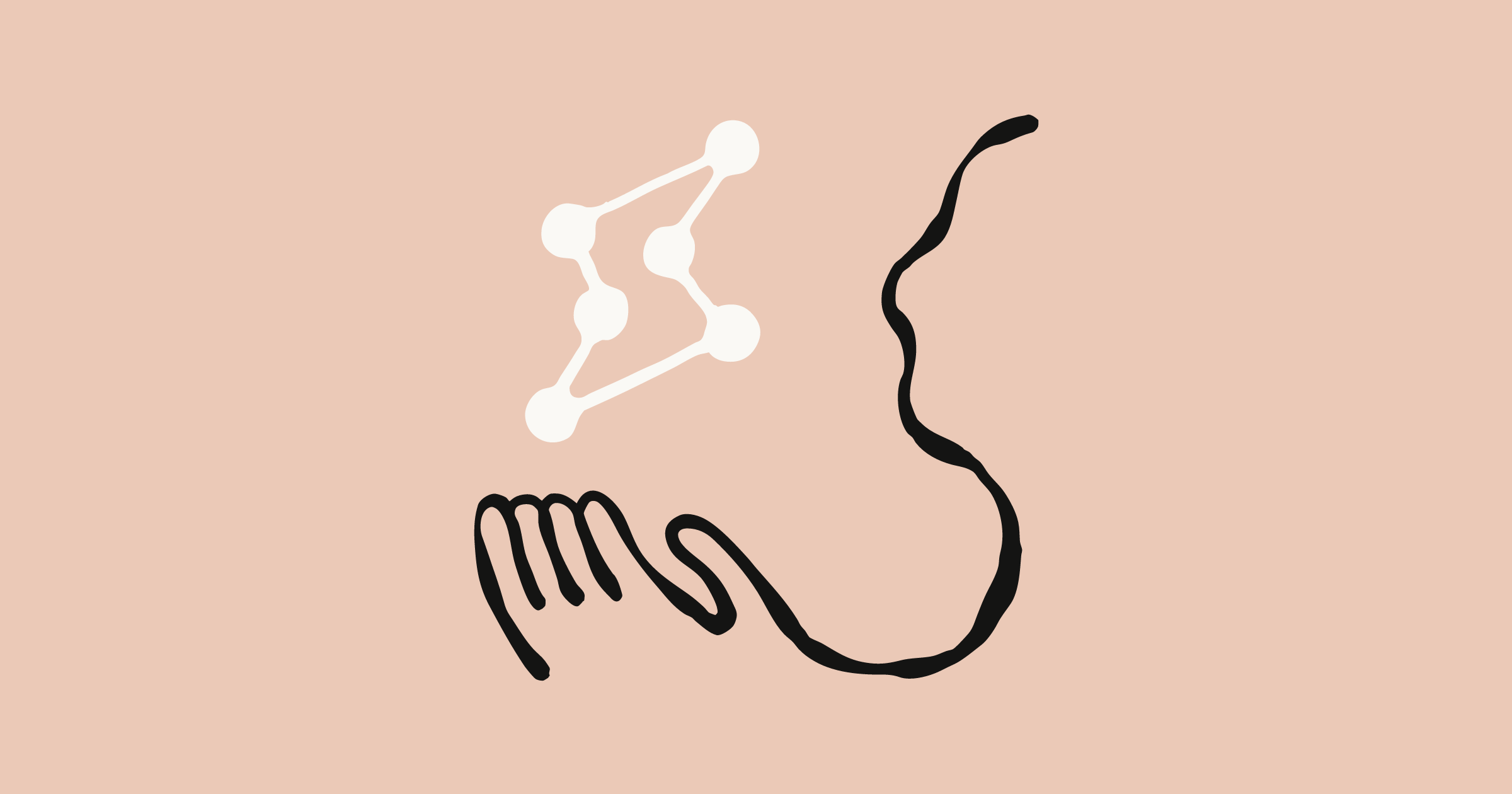 A line drawing of a hand and a curving figure beside a white node diagram on a peach background